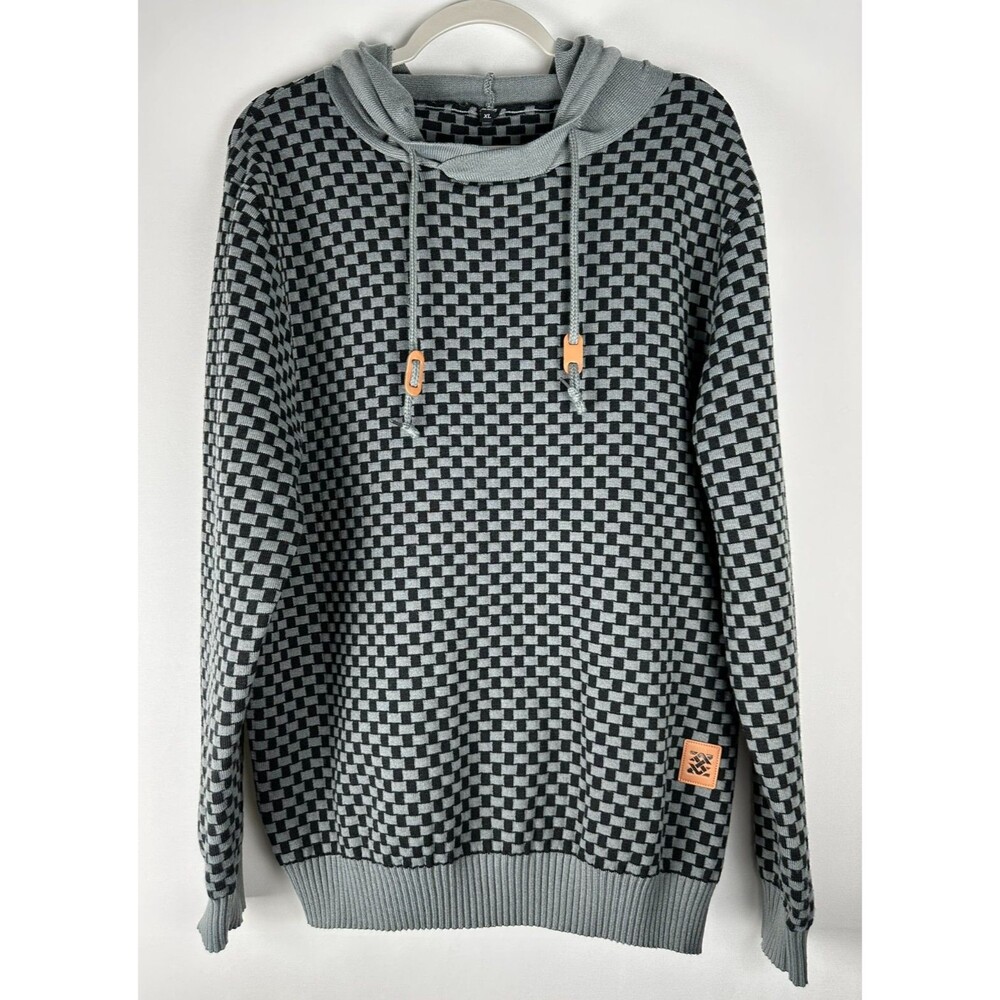 Zaitun Checkered Knit Hoodie XL Gray Black Pullover Sweater Y2K Skate Streetwear